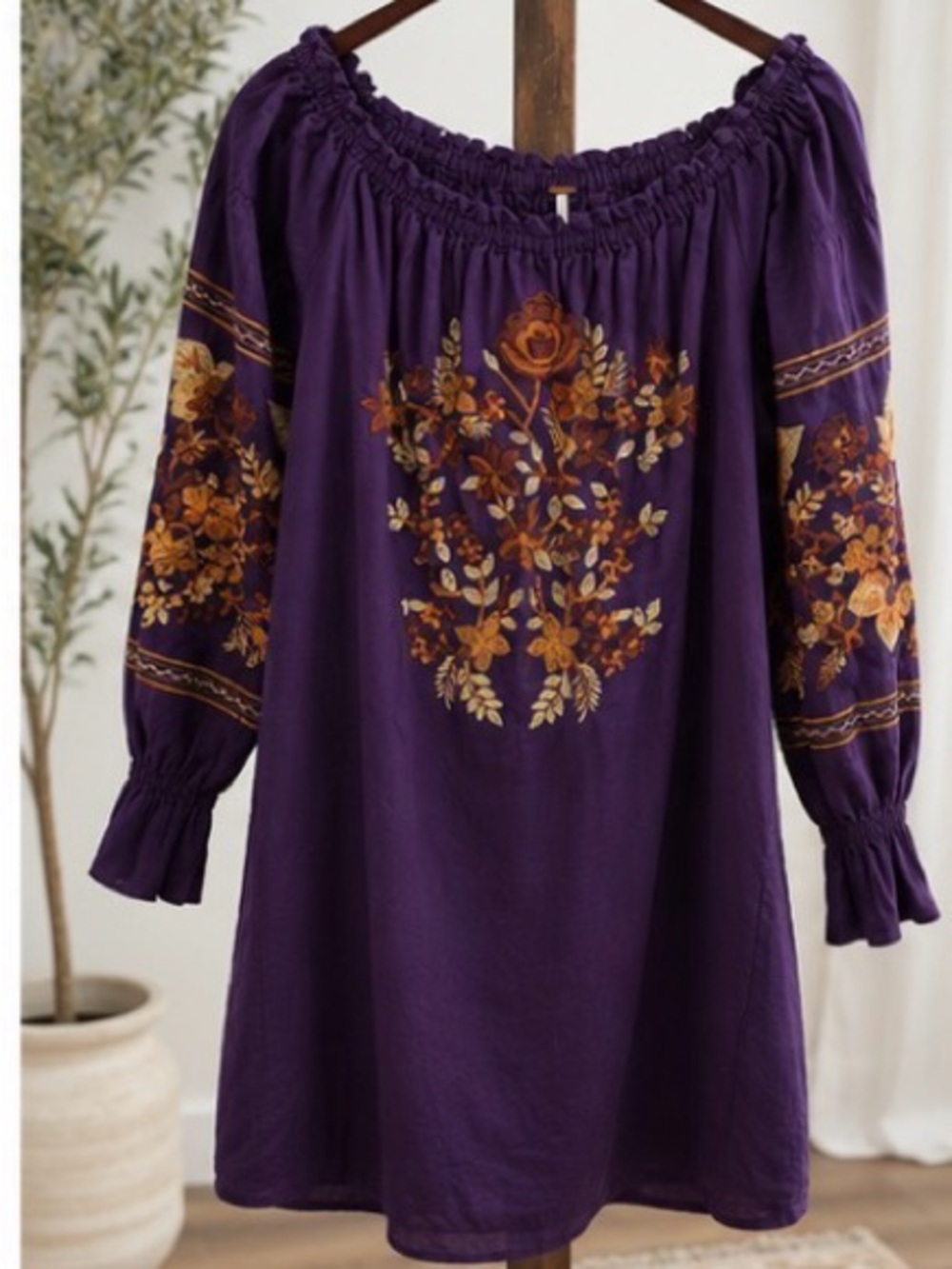 Free People Purple Floral Embroidered Mini Dress tunic